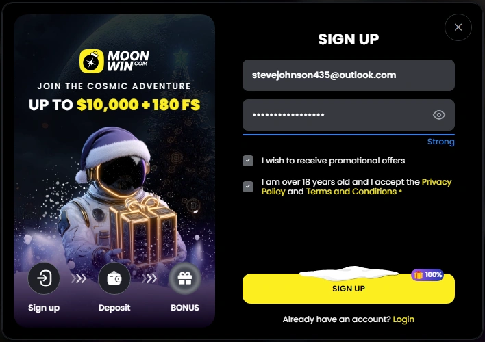 MoonWin Casino registration form interface